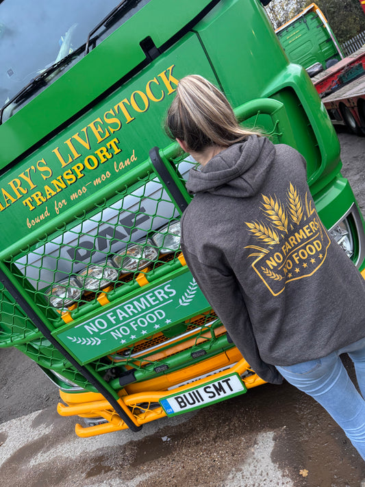 No Farmers No food hoody in grey with gold logo